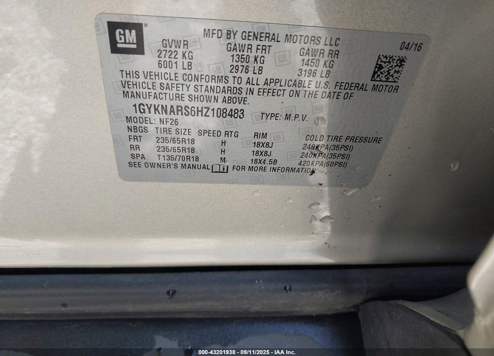2017 CADILLAC XT5 VIN: 1GYKNARS6HZ108483