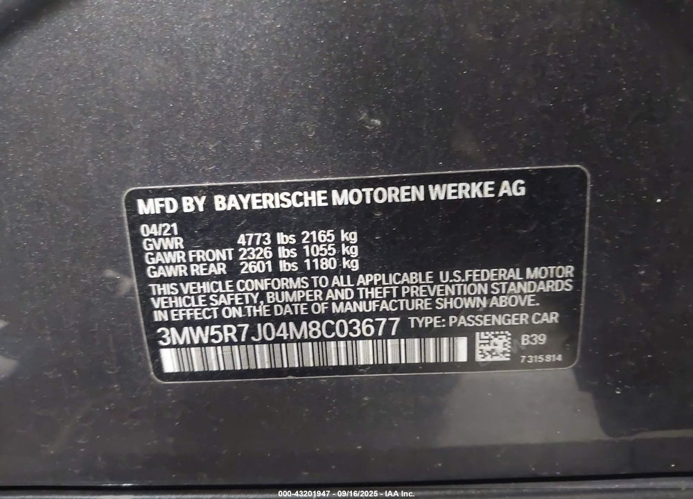 2021 BMW 3 SERIES VIN: 3MW5R7J04M8C03677