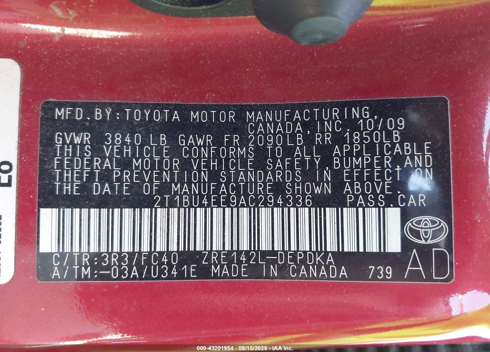 2010 TOYOTA COROLLA LE VIN: 2T1BU4EE9AC294336