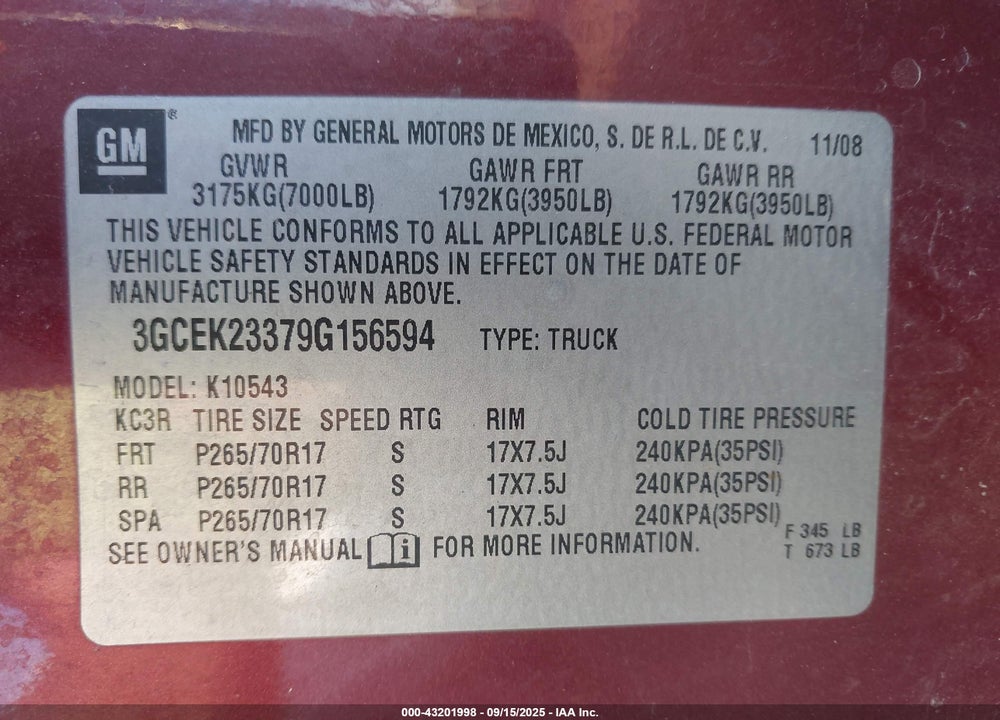 2009 CHEVROLET SILVERADO 1500 VIN: 3GCEK23379G156594