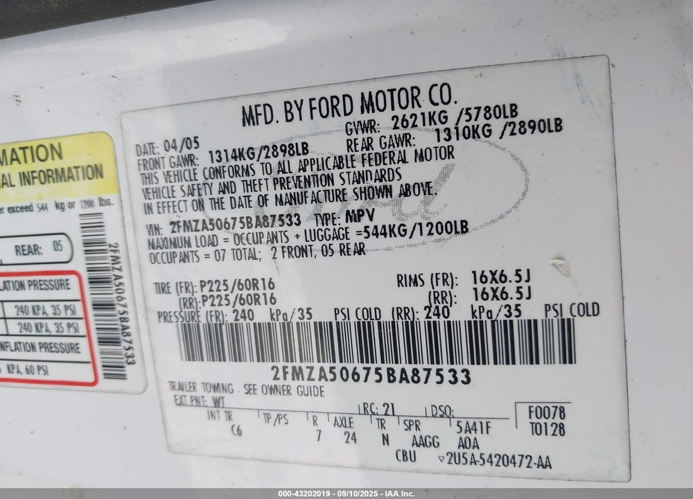 2005 FORD FREESTAR S VIN: 2FMZA50675BA87533