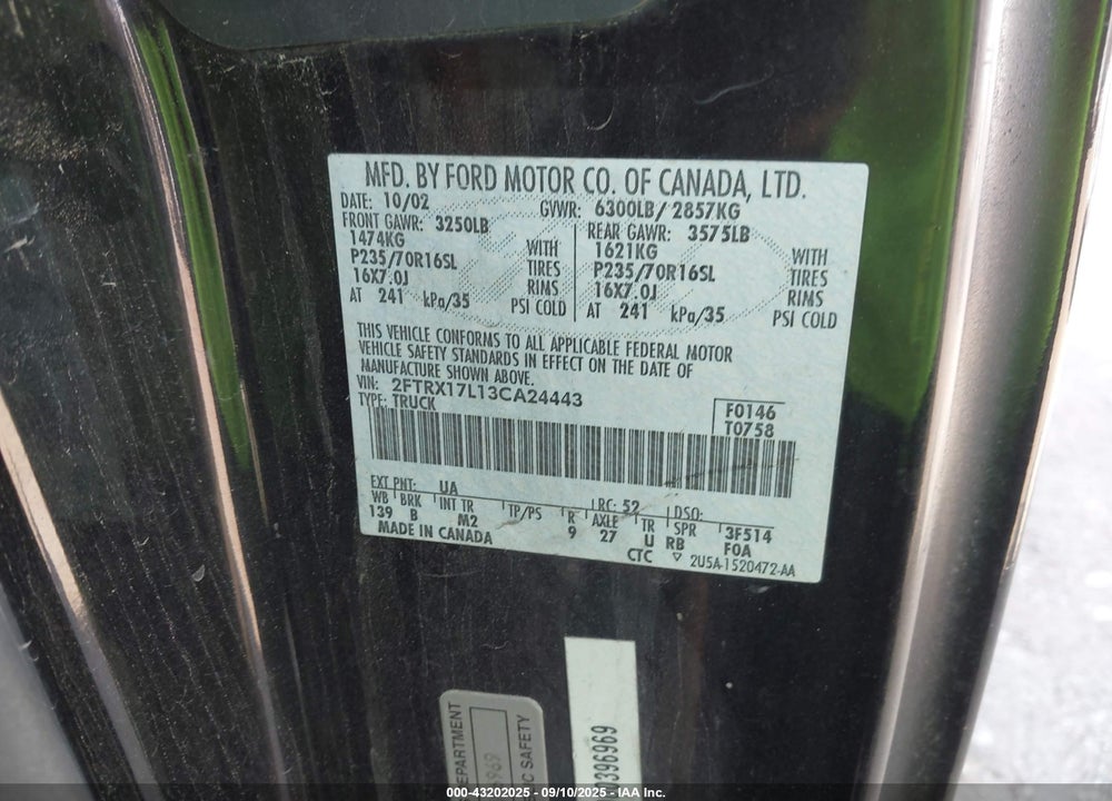 2003 FORD F-150 LARIAT/XL/XLT VIN: 2FTRX17L13CA24443