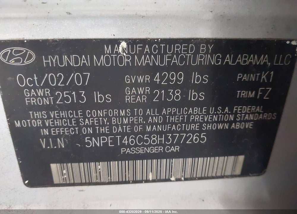 2008 HYUNDAI SONATA GLS VIN: 5NPET46C58H377265