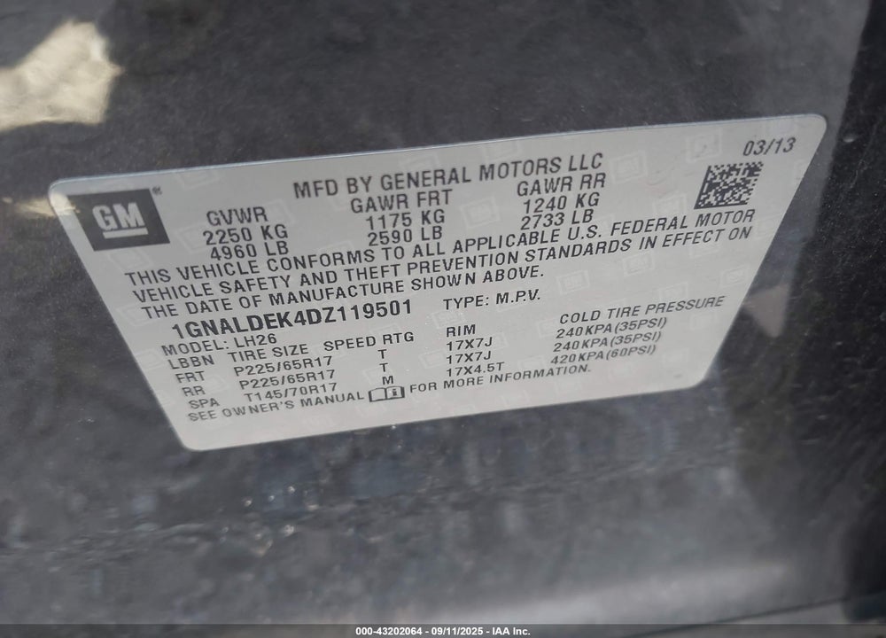 2013 CHEVROLET EQUINOX VIN: 1GNALDEK4DZ119501