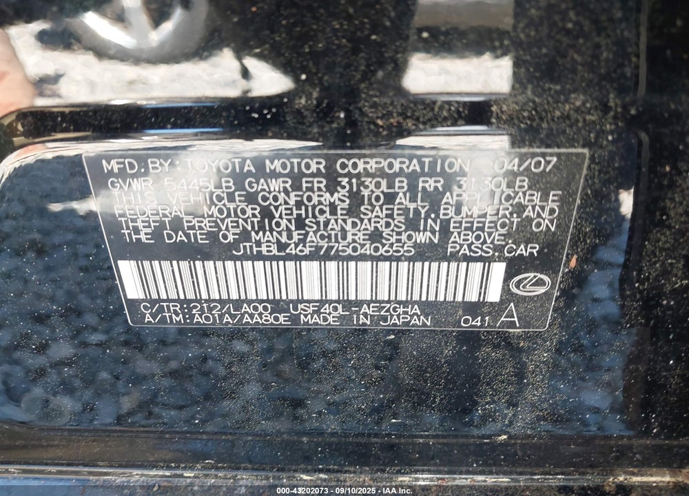 2007 LEXUS LS 460 VIN: JTHBL46F775040655