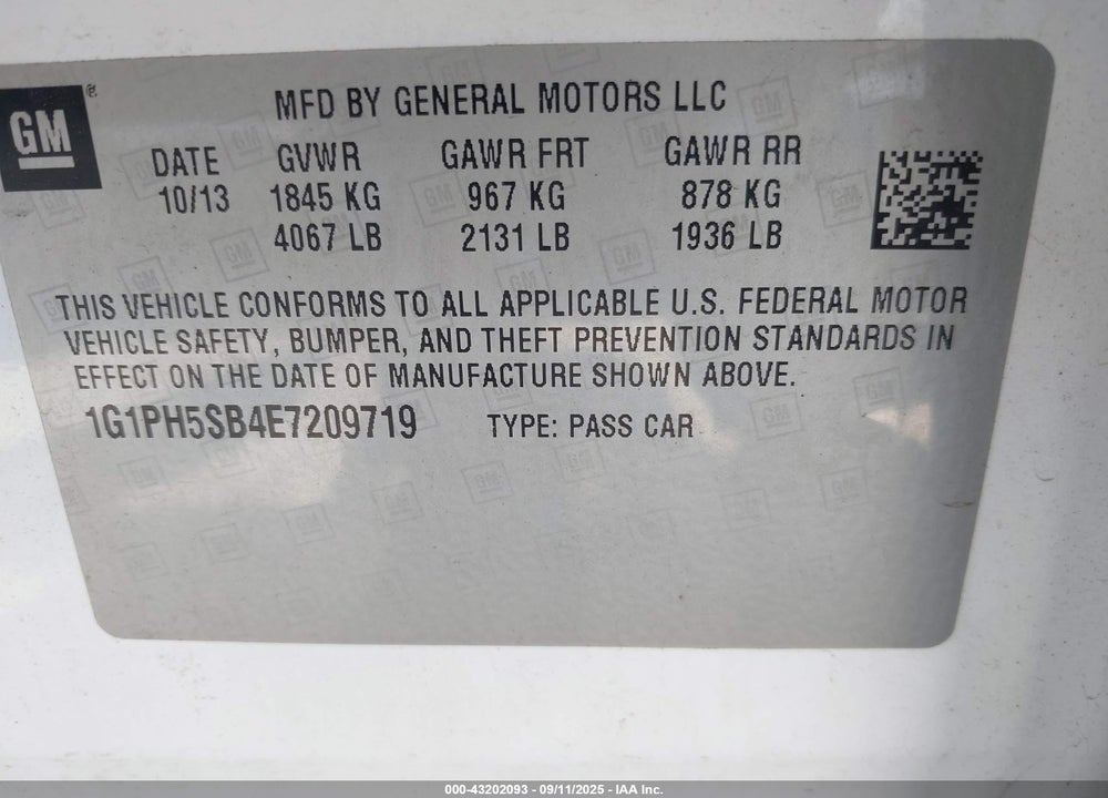 2014 CHEVROLET CRUZE VIN: 1G1PH5SB4E7209719