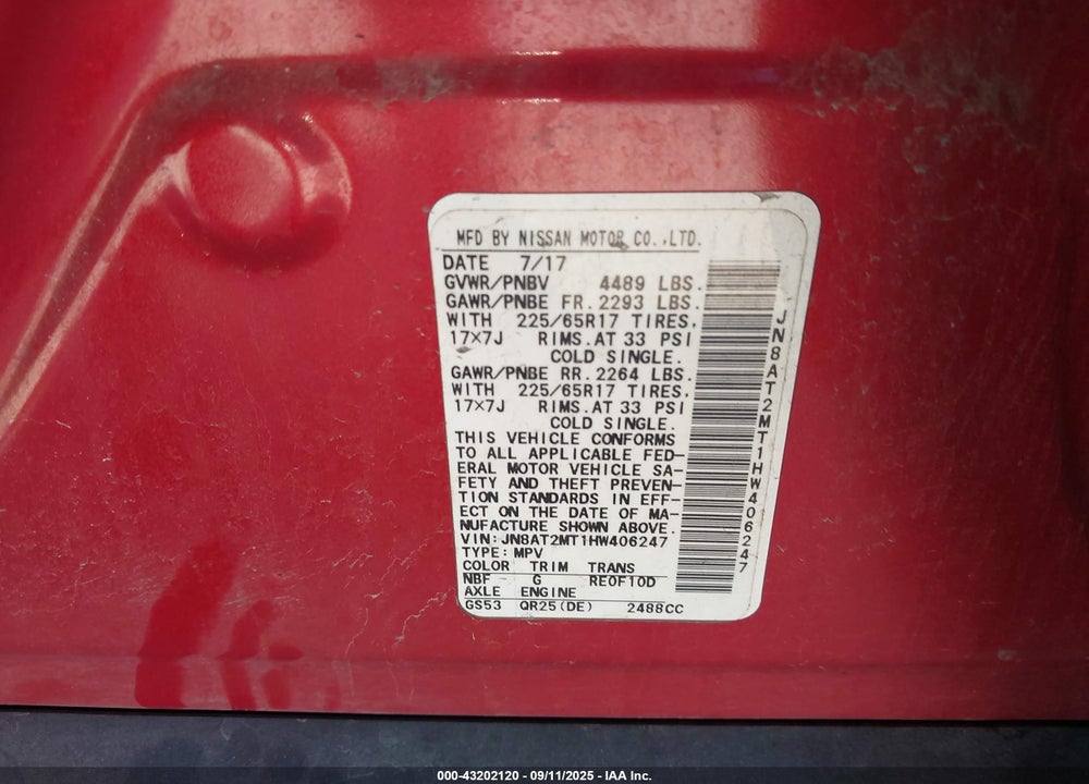 2017 NISSAN ROGUE VIN: JN8AT2MT1HW406247