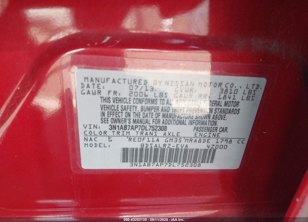 2013 NISSAN SENTRA SR VIN: 3N1AB7AP7DL752308