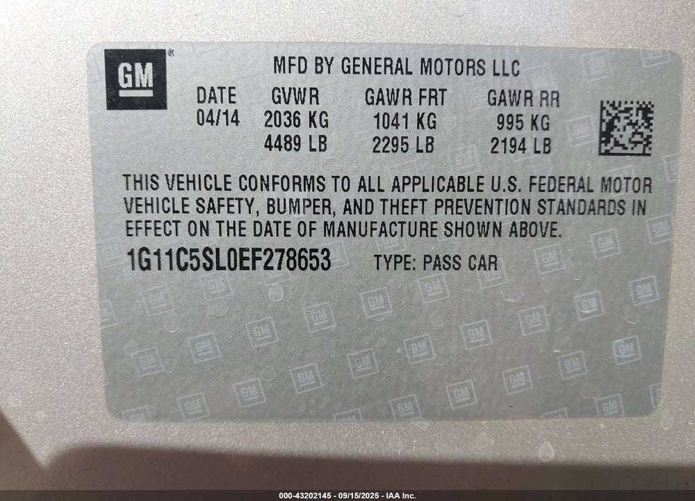 2014 CHEVROLET MALIBU VIN: 1G11C5SL0EF278653