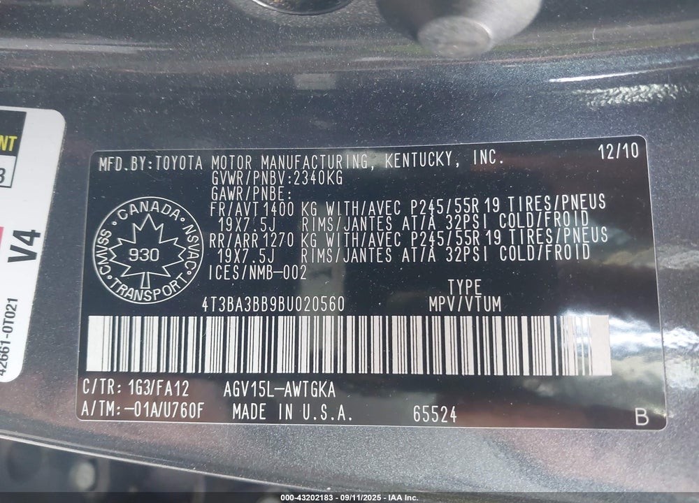 2011 TOYOTA VENZA VIN: 4T3BA3BB9BU020560