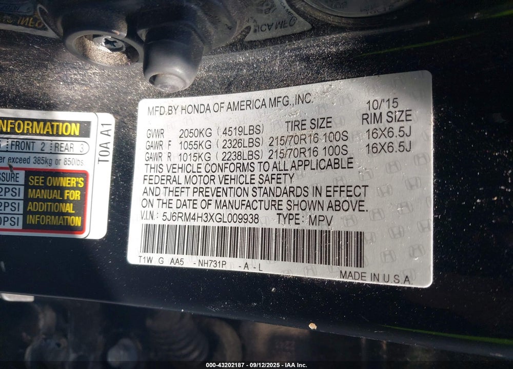 2016 HONDA CR-V VIN: 5J6RM4H3XGL009938