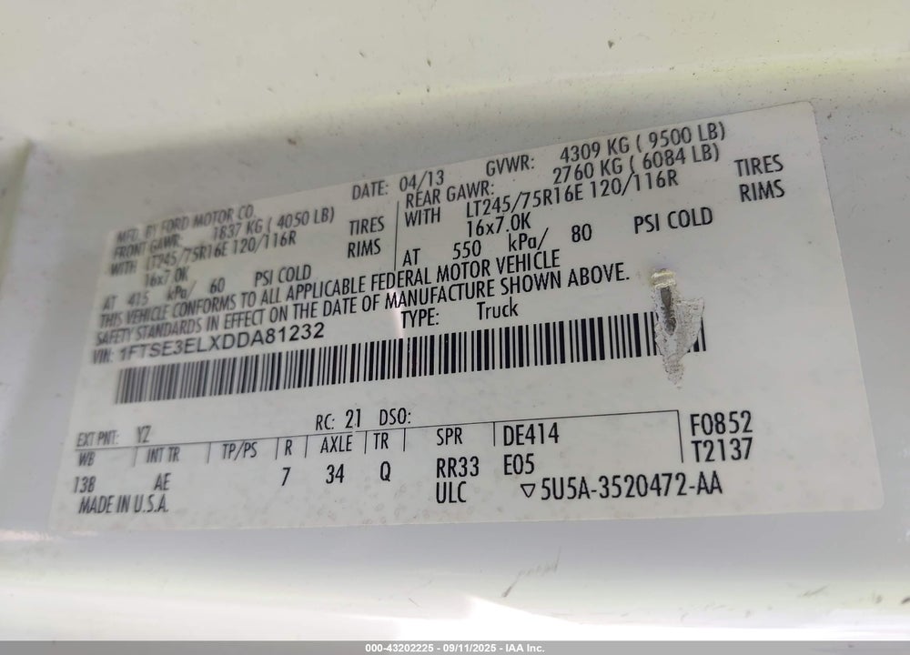 2013 FORD E-350 SUPER DUTY COMMERCIAL VIN: 1FTSE3ELXDDA81232