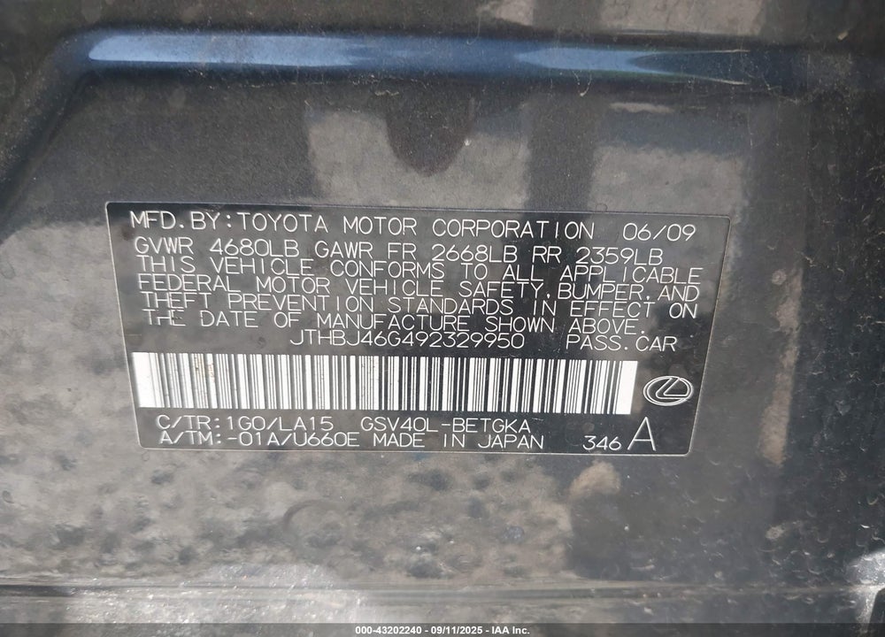 2009 LEXUS ES 350 VIN: JTHBJ46G492329950