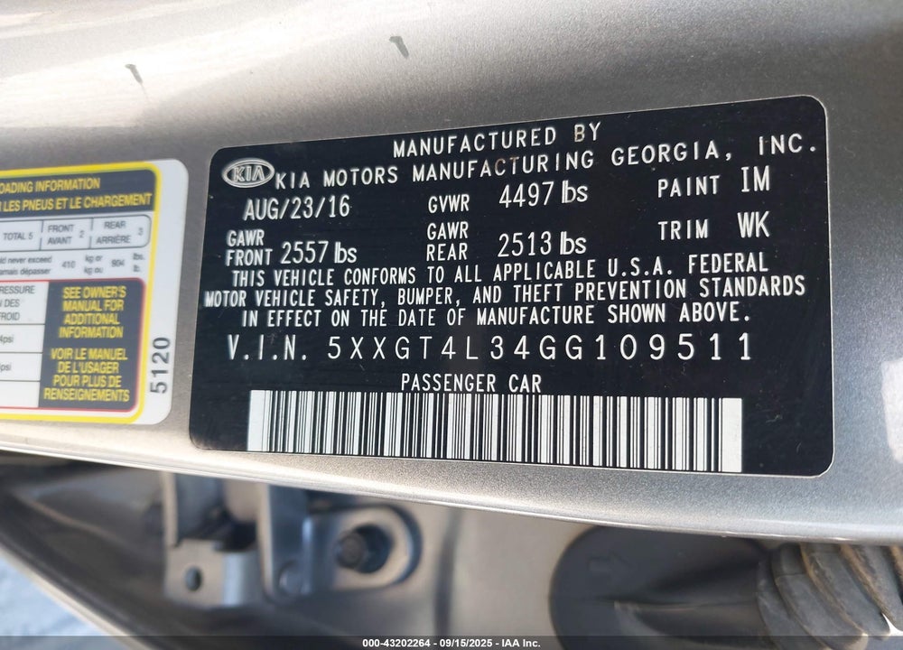 2016 KIA OPTIMA VIN: 5XXGT4L34GG109511