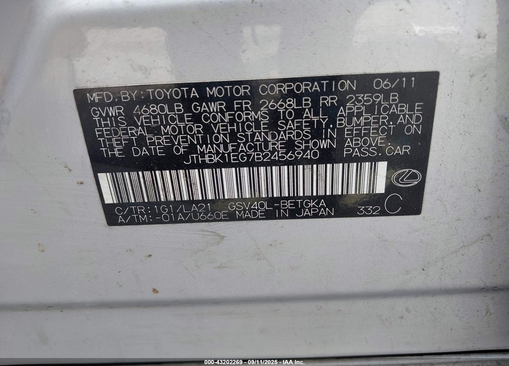 2011 LEXUS ES 350 VIN: JTHBK1EG7B2456940