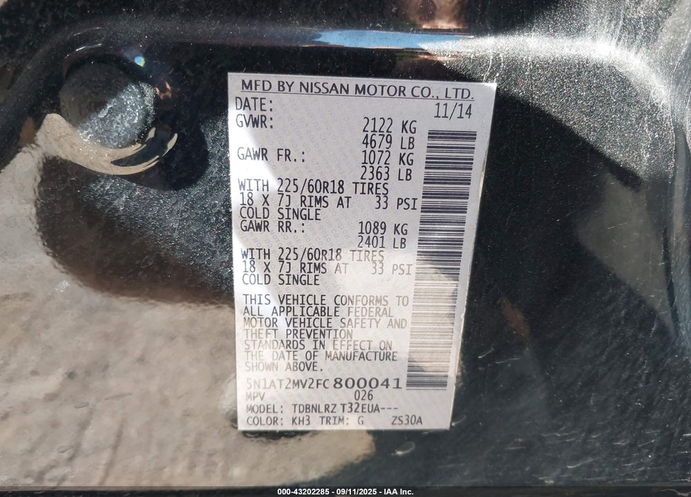 2015 NISSAN ROGUE VIN: 5N1AT2MV2FC800041