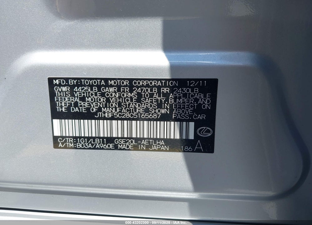 2012 LEXUS IS 250 VIN: JTHBF5C28C5165687
