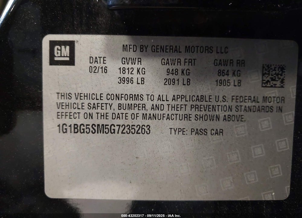 2016 CHEVROLET CRUZE PREMIER AUTO VIN: 1G1BG5SM5G7235263