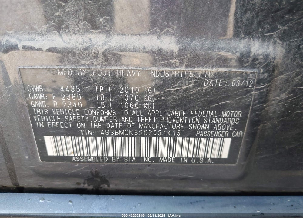 2012 SUBARU LEGACY VIN: 4S3BMCK62C3031415