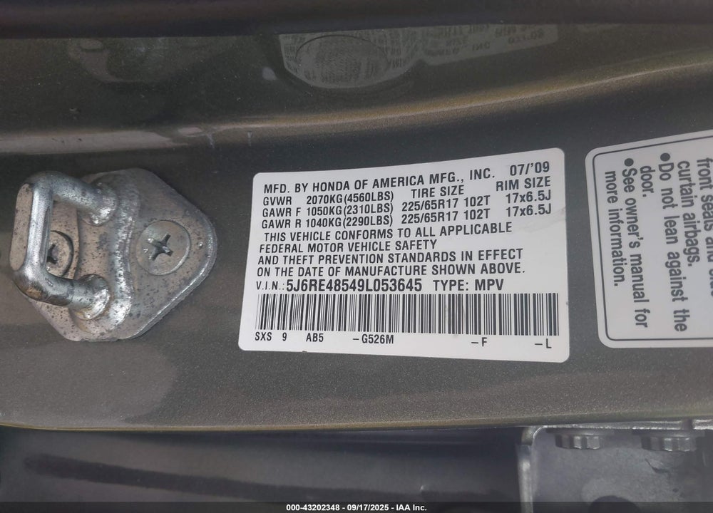 2009 HONDA CR-V EX VIN: 5J6RE48549L053645