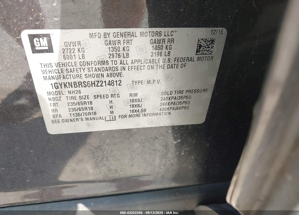 2017 CADILLAC XT5 VIN: 1GYKNBRS6HZ214812