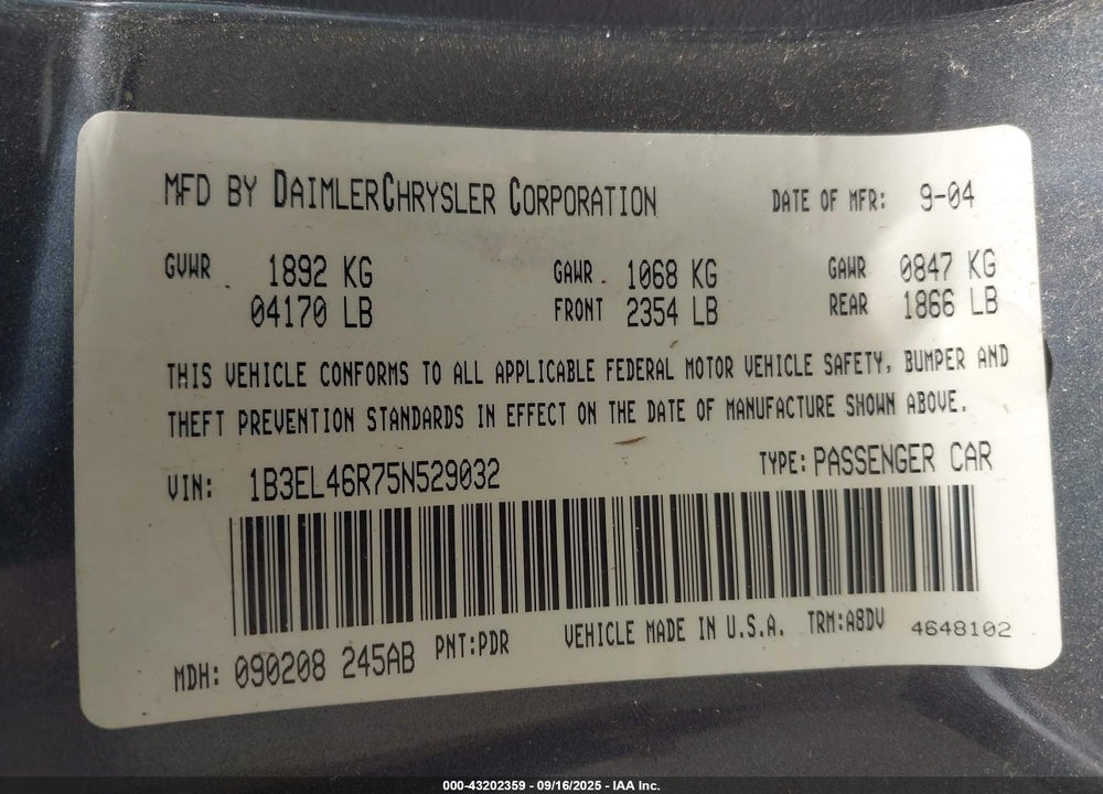 2005 DODGE STRATUS SXT VIN: 1B3EL46R75N529032