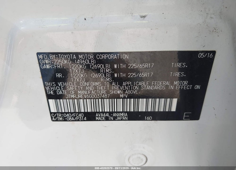 2016 TOYOTA RAV4 HYBRID VIN: JTMRJREV6GD037487