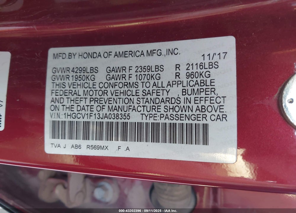 2018 HONDA ACCORD VIN: 1HGCV1F13JA038355
