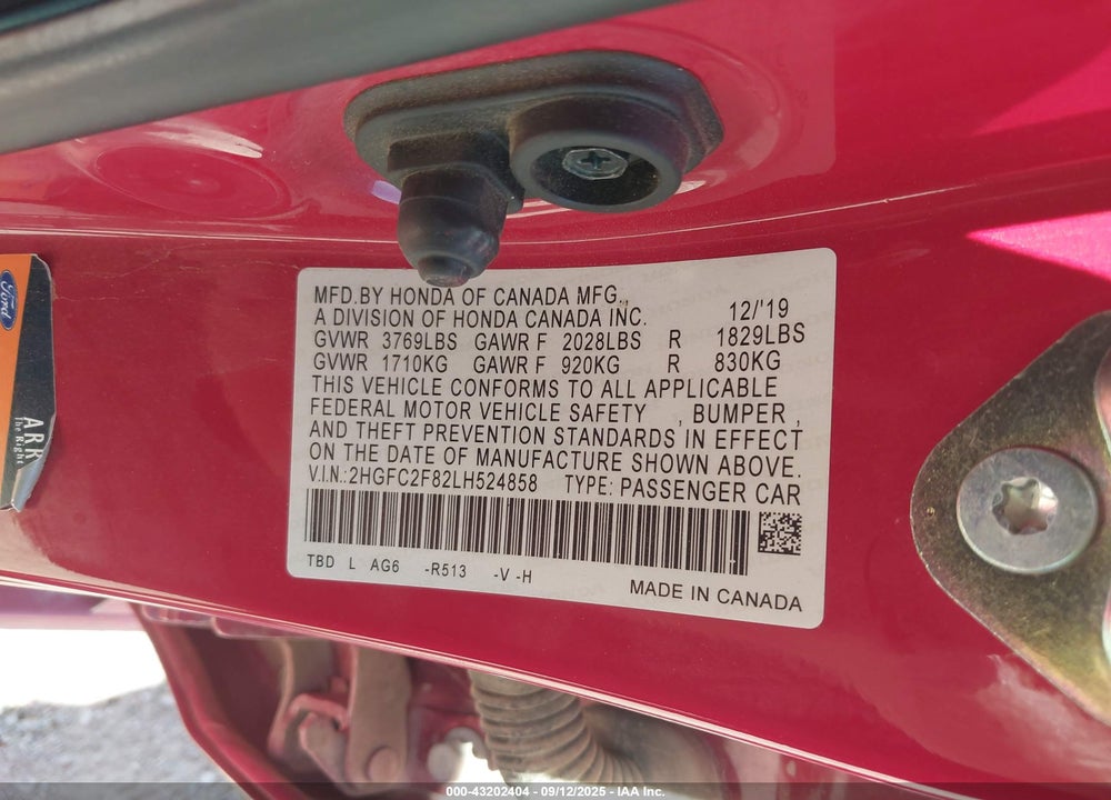2020 HONDA CIVIC SPORT VIN: 2HGFC2F82LH524858