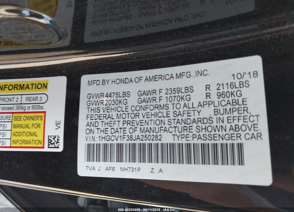 2018 HONDA ACCORD VIN: 1HGCV1F38JA250282
