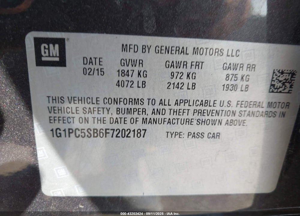 2015 CHEVROLET CRUZE VIN: 1G1PC5SB6F7202187