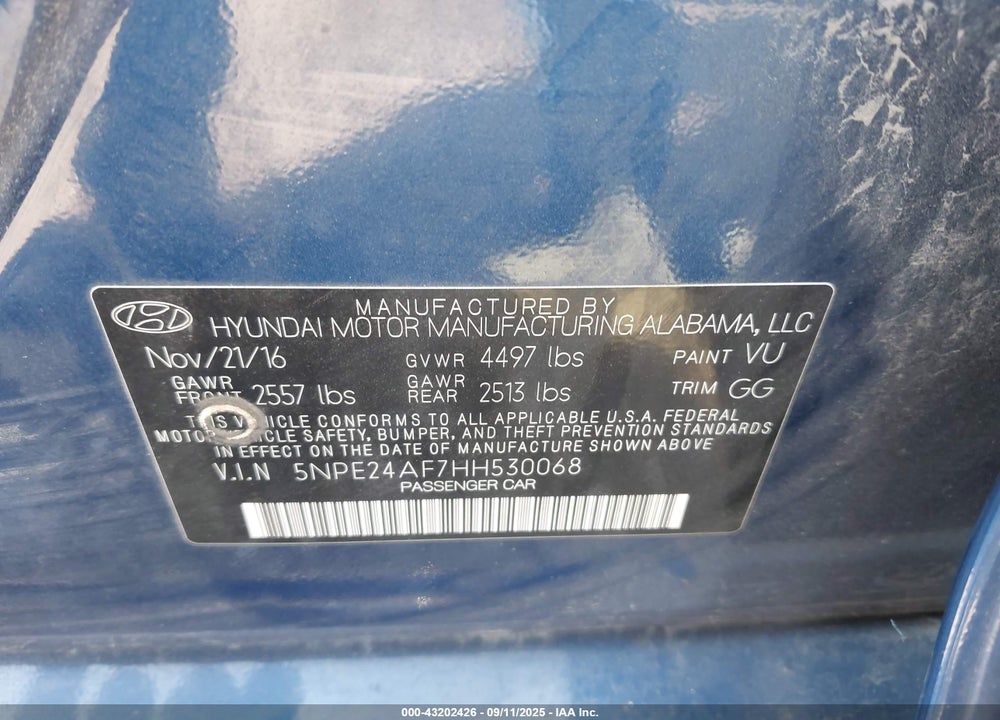 2017 HYUNDAI SONATA VIN: 5NPE24AF7HH530068