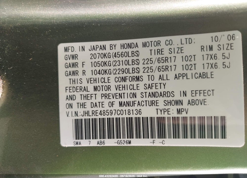 2007 HONDA CR-V EX VIN: JHLRE48597C018136