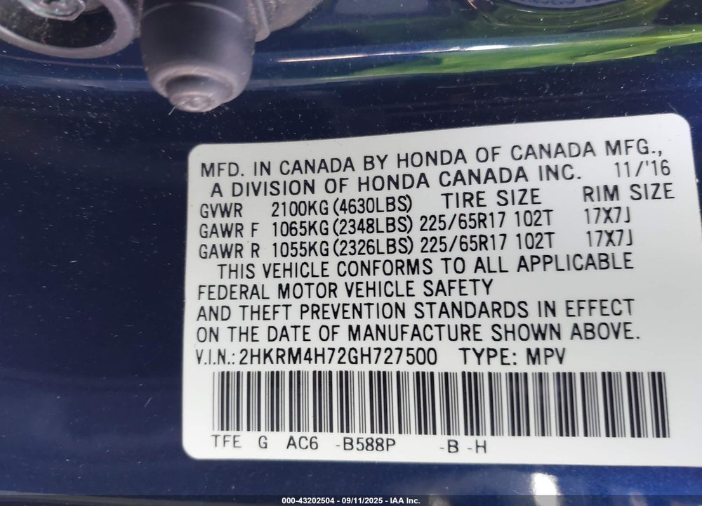 2016 HONDA CR-V EX-L VIN: 2HKRM4H72GH727500
