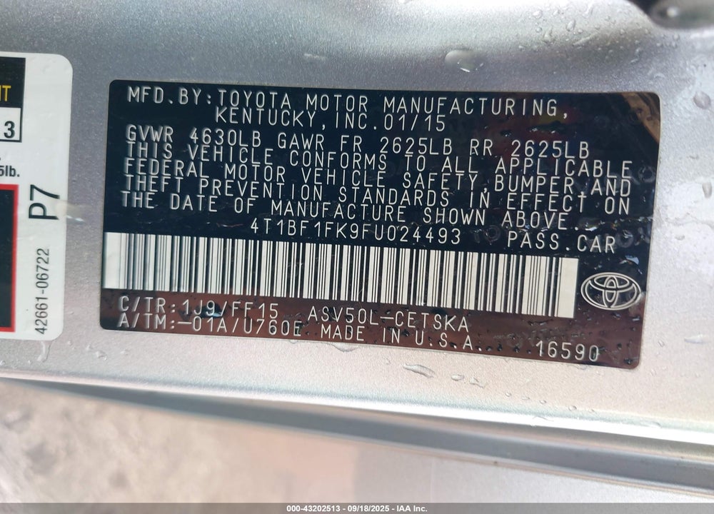 2015 TOYOTA CAMRY SE VIN: 4T1BF1FK9FU024493