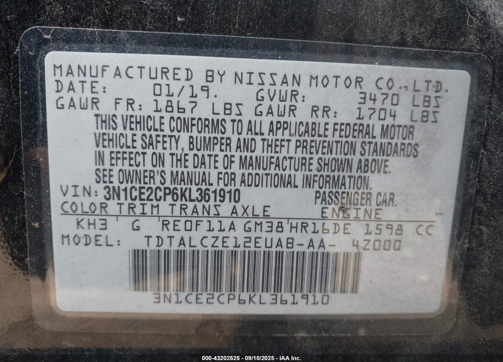2019 NISSAN VERSA NOTE VIN: 3N1CE2CP6KL361910