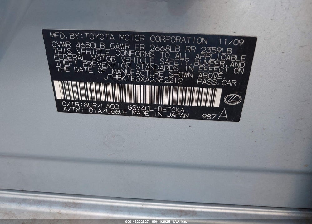 2010 LEXUS ES 350 VIN: JTHBK1EGXA2362212