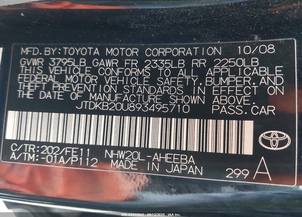 2009 TOYOTA PRIUS VIN: JTDKB20U893495710