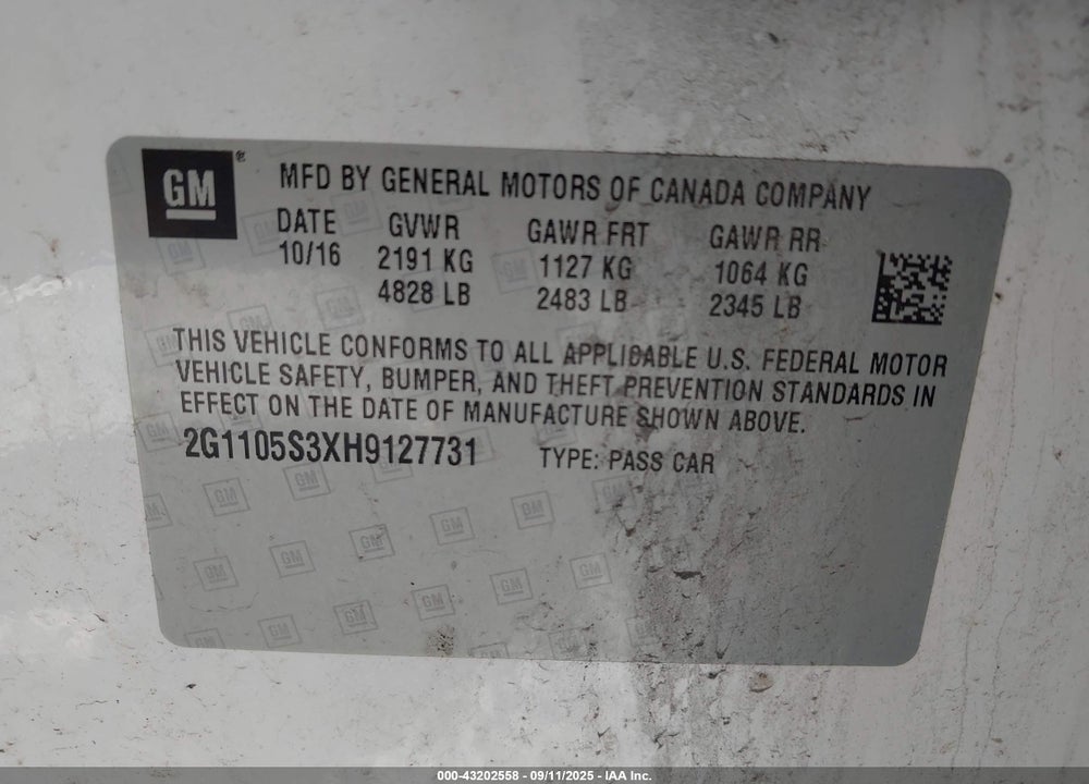 2017 CHEVROLET IMPALA VIN: 2G1105S3XH9127731