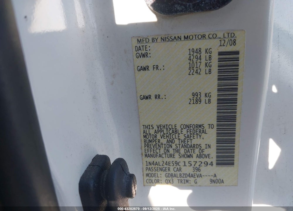 2009 NISSAN ALTIMA VIN: 1N4AL24E59C157294