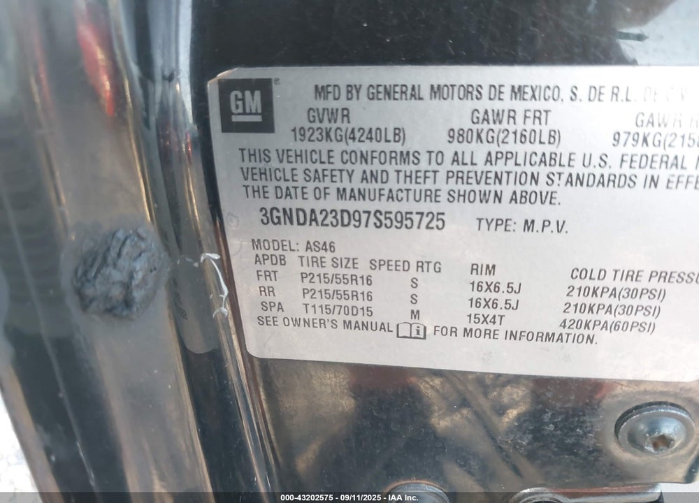 2007 CHEVROLET HHR VIN: 3GNDA23D97S595725