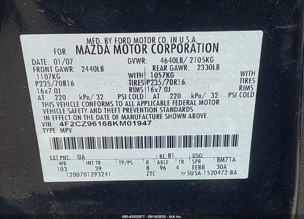 2008 MAZDA TRIBUTE S TOURING VIN: 4F2CZ96168KM01947