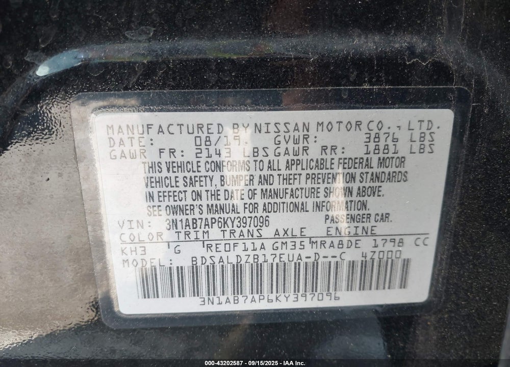 2019 NISSAN SENTRA VIN: 3N1AB7AP6KY397096
