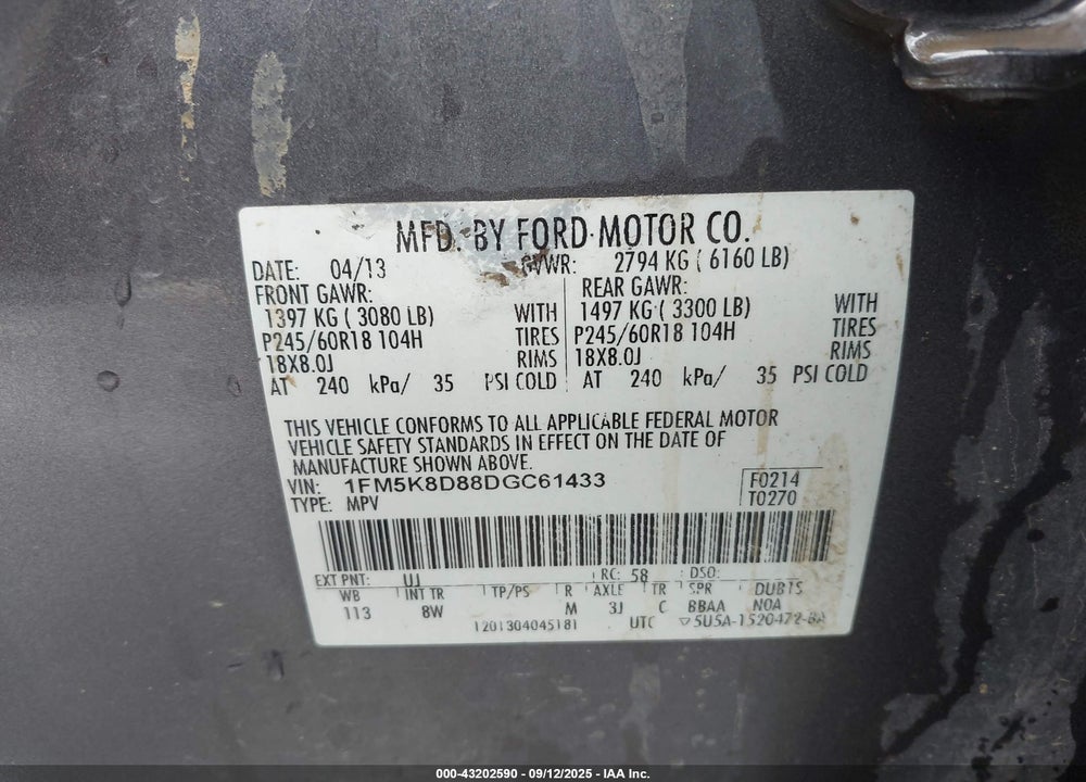 2013 FORD EXPLORER VIN: 1FM5K8D88DGC61433