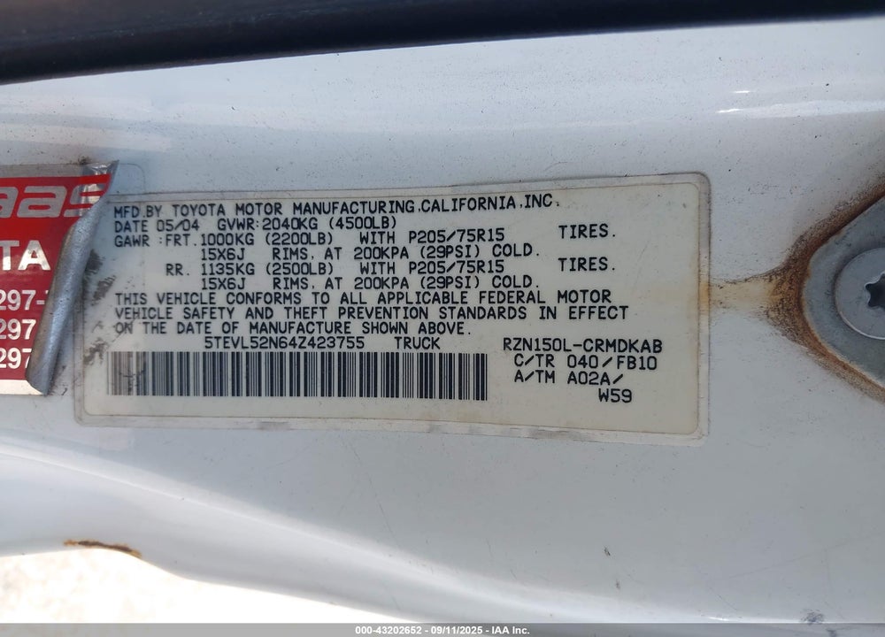 2004 TOYOTA TACOMA VIN: 5TEVL52N64Z423755