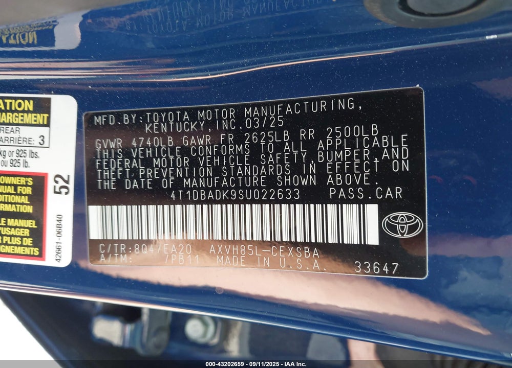 2025 TOYOTA CAMRY SE VIN: 4T1DBADK9SU022633
