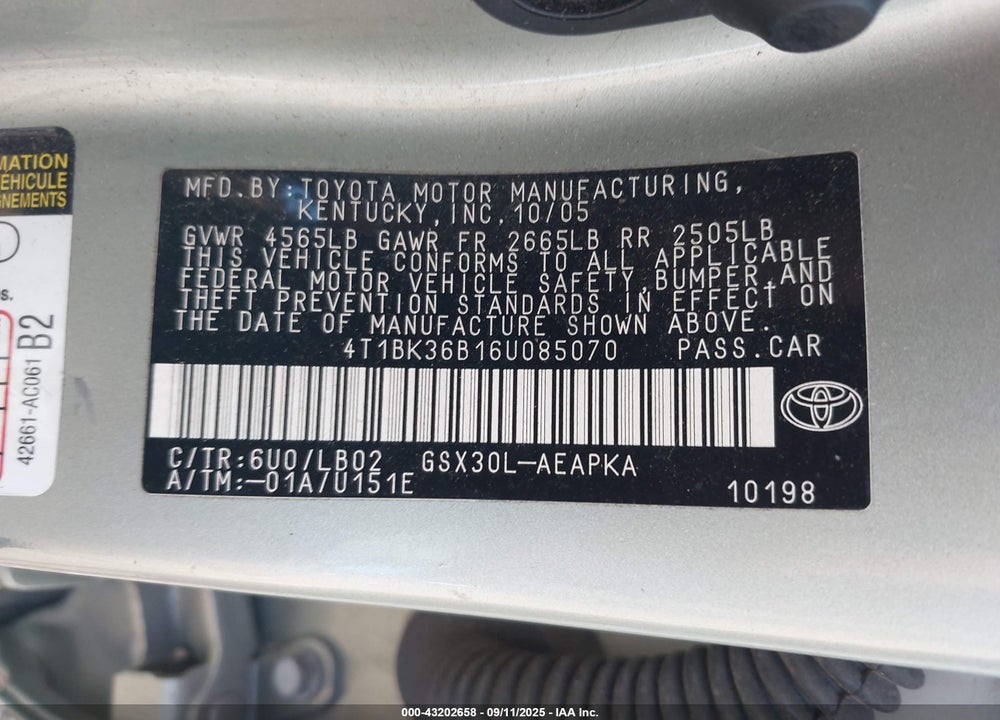 2006 TOYOTA AVALON VIN: 4T1BK36B16U085070