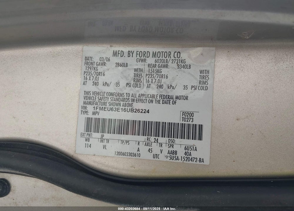 2006 FORD EXPLORER XLT VIN: 1FMEU63E16UB26224