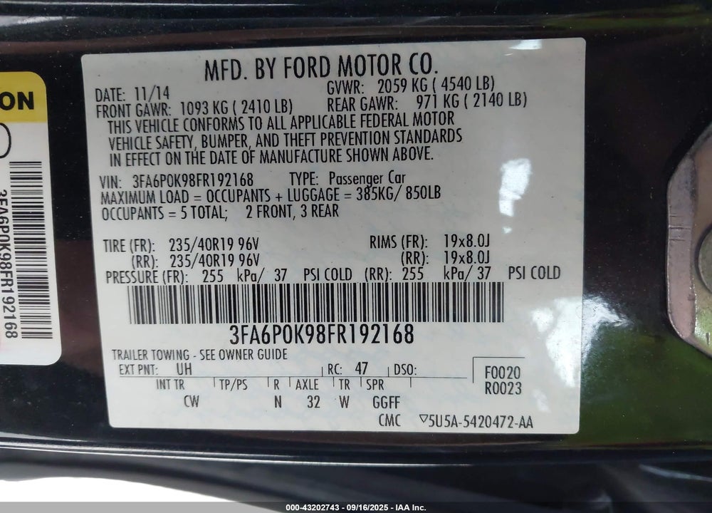 2015 FORD FUSION TITANIUM VIN: 3FA6P0K98FR192168