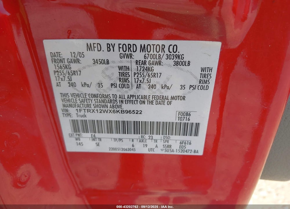 2006 FORD F-150 VIN: 1FTRX12WX6KB96522